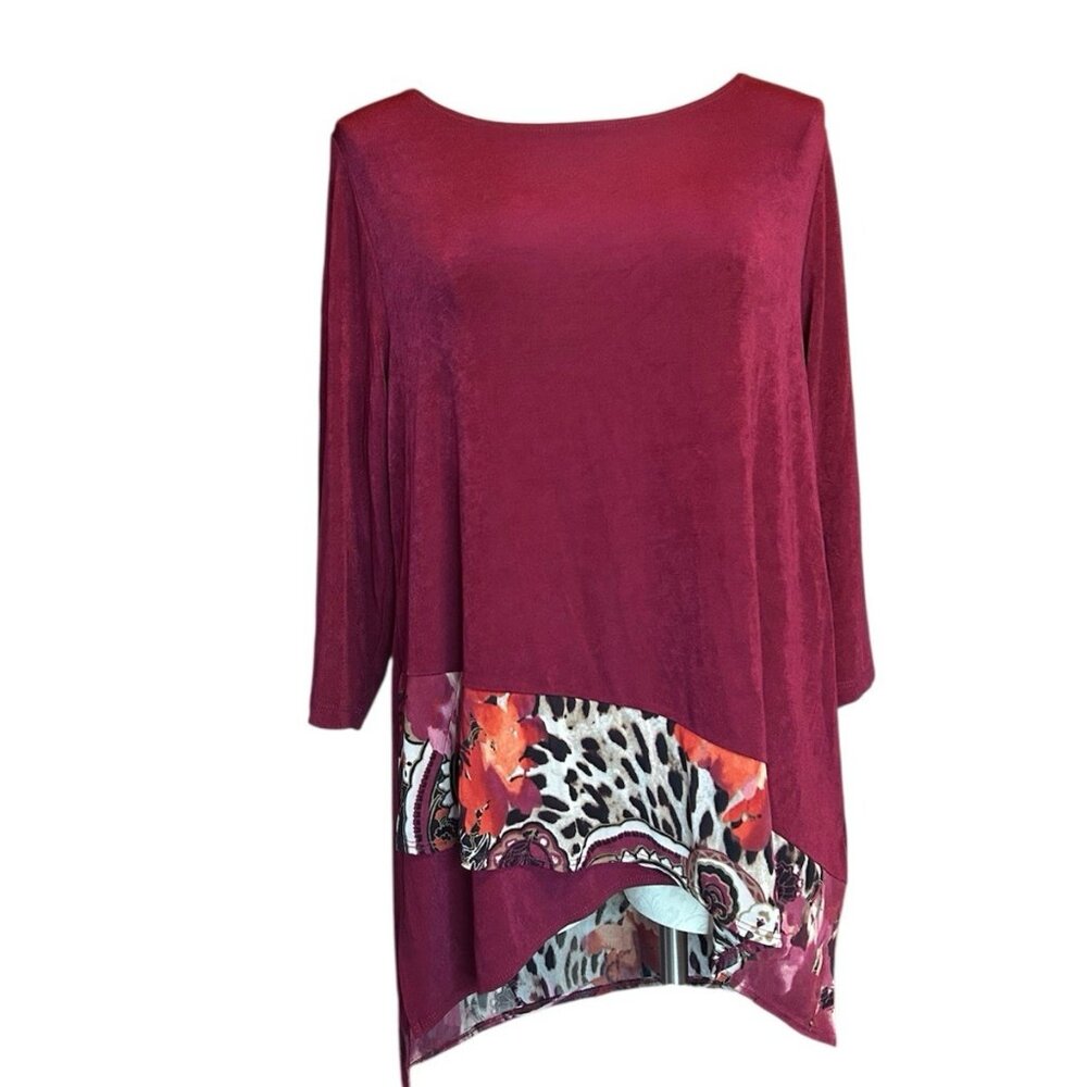 Chico's Travelers Red Stretch 3/4 Long Tunic Animal Print Paisley Sz 2 (L) - Picture 1 of 8